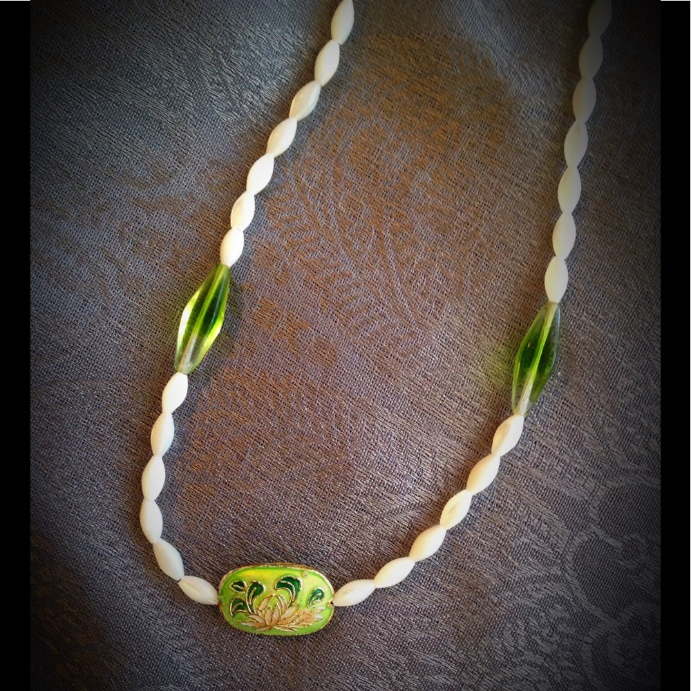 MOP Glass & Champleve hand-strung beaded necklace